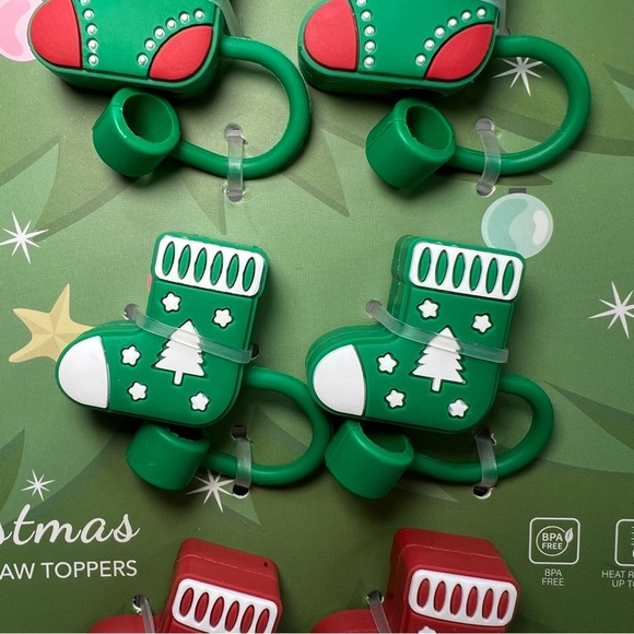 CWC Christmas Holiday Decorated Stocking Silicone Straw Toppers - Set Of 6 - Picture 5 of 6